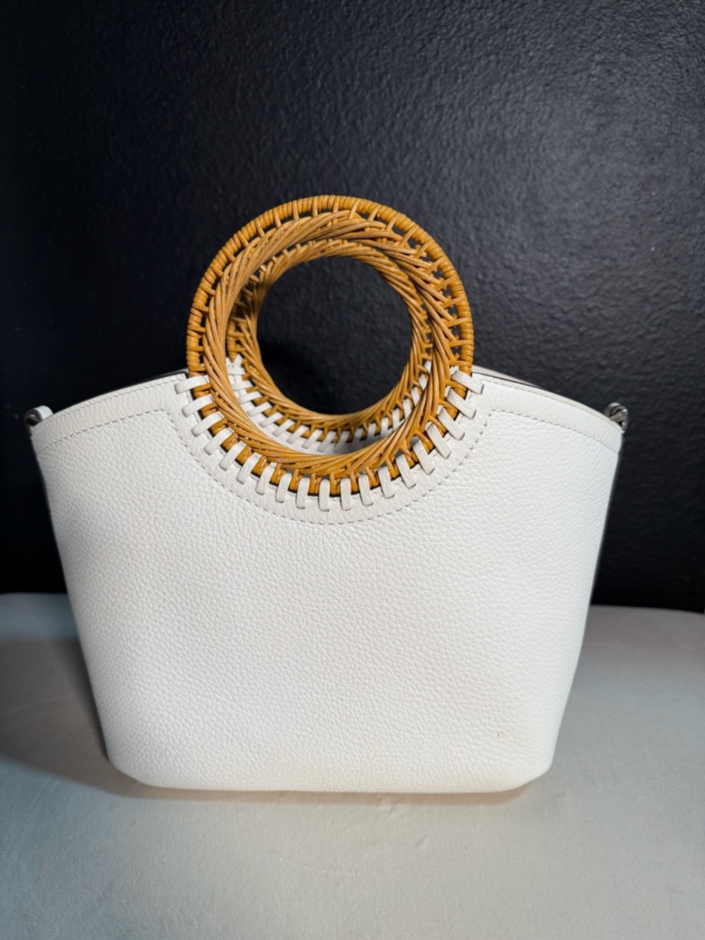 kate spade White Pebbled Tote with Woven Bamboo Handles - Picture 2 of 4